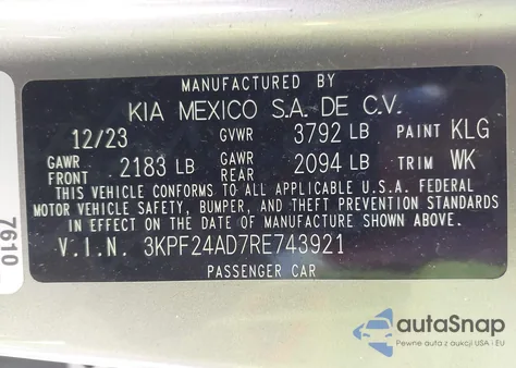 2024 Kia Forte Lxs from USA, damaged, VIN 3KPF24AD7RE743921